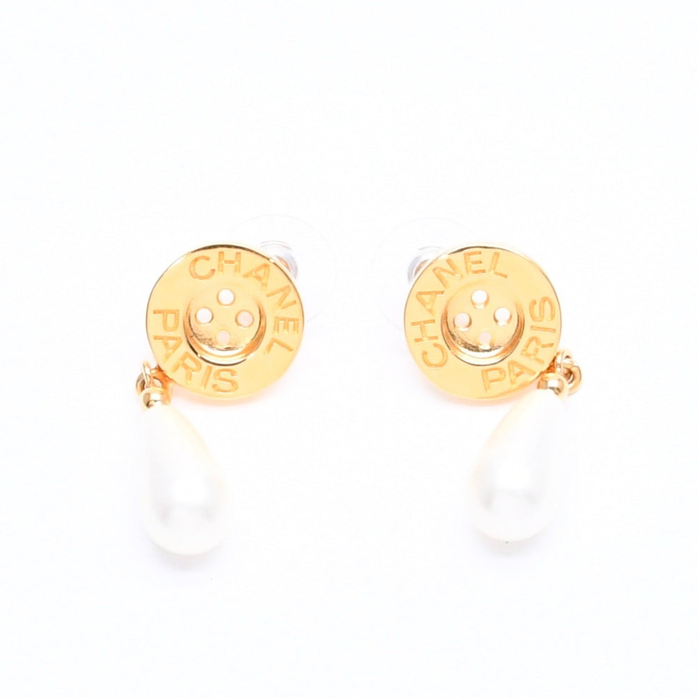 CHANEL シャネル ボタン ドロップピアス 重量約7.93g B20A刻印 GP メタル フェイクパール ゴールド 両耳用 美品 中古 4a007542