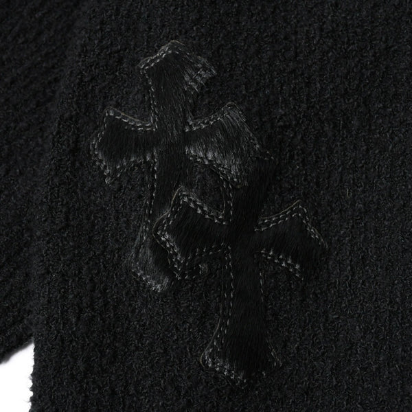 新品未使用 CHROME HEARTS クロムハーツ プルオーバー ニットフーディー サイズMED/LRG ハラコ CHクロスパッチ 3パッチ シルバー925 中古 4a007544
