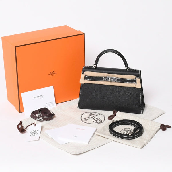 新品未使用 オーダー品 HERMES エルメス Mini Kelly2 ミニケリー2 ミニハンドバッグ ブラック イエロー エプソン K刻印 シルバー金具 中古 4a007567