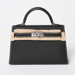 新品未使用 オーダー品 HERMES エルメス Mini Kelly2 ミニケリー2 ミニハンドバッグ ブラック イエロー エプソン K刻印 シルバー金具 中古 4a007567