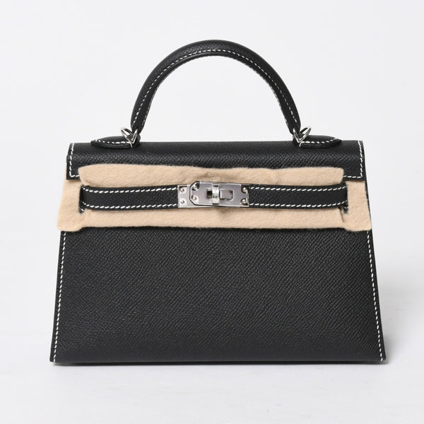 新品未使用 オーダー品 HERMES エルメス Mini Kelly2 ミニケリー2 ミニハンドバッグ ブラック イエロー エプソン K刻印 シルバー金具 中古 4a007567