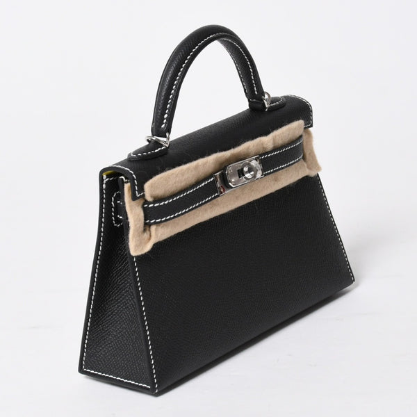 新品未使用 オーダー品 HERMES エルメス Mini Kelly2 ミニケリー2 ミニハンドバッグ ブラック イエロー エプソン K刻印 シルバー金具 中古 4a007567