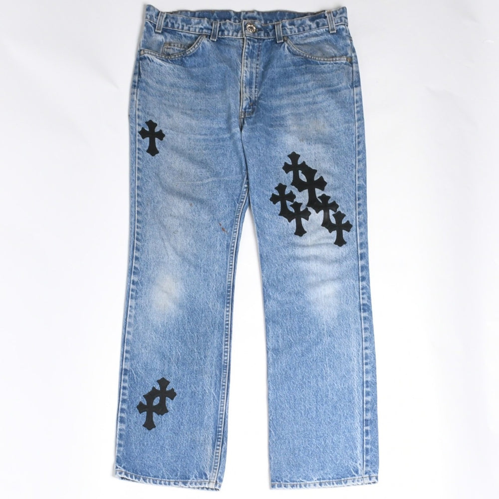 極美品 CHROME HEARTS × Levi's クロムハーツ リーバイス 517 クロスパッチ デニムパンツ インディゴブルー ブラック サイズ34 中古 4a007570