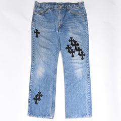 極美品 CHROME HEARTS × Levi's クロムハーツ リーバイス 517 クロスパッチ デニムパンツ インディゴブルー ブラック サイズ34 中古 4a007570