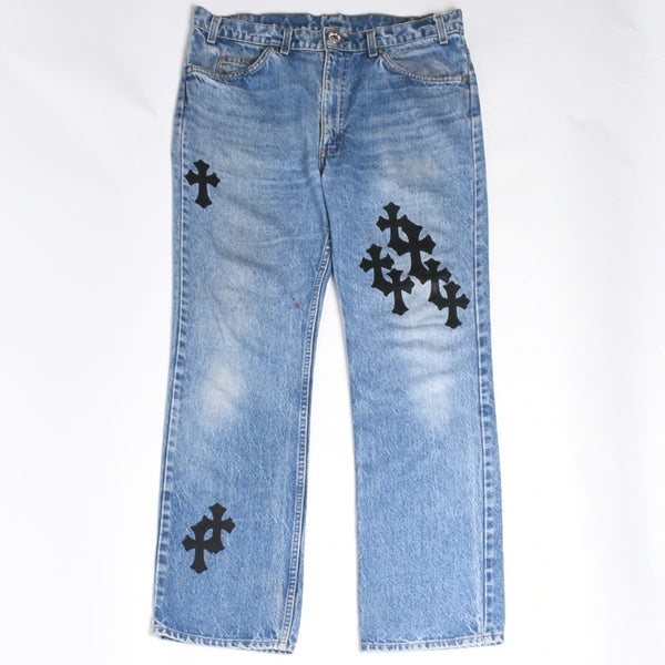 極美品 CHROME HEARTS × Levi's クロムハーツ リーバイス 517 クロスパッチ デニムパンツ インディゴブルー ブラック サイズ34 中古 4a007570
