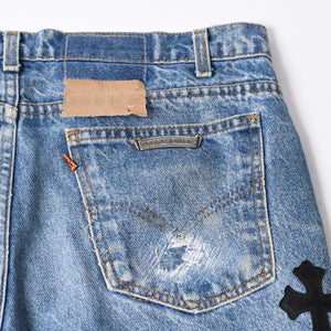 極美品 CHROME HEARTS × Levi's クロムハーツ リーバイス 517 クロスパッチ デニムパンツ インディゴブルー ブラック サイズ34 中古 4a007570