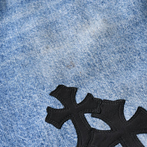 極美品 CHROME HEARTS × Levi's クロムハーツ リーバイス 517 クロスパッチ デニムパンツ インディゴブルー ブラック サイズ34 中古 4a007570