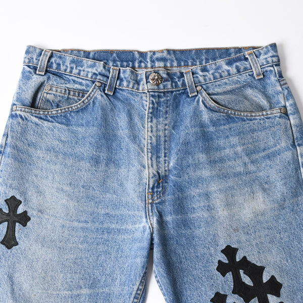 極美品 CHROME HEARTS × Levi's クロムハーツ リーバイス 517 クロスパッチ デニムパンツ インディゴブルー ブラック サイズ34 中古 4a007570