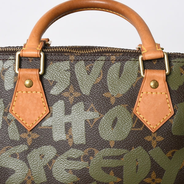 極美品 LOUIS VUITTON ルイヴィトン ハンドバッグ スピーディ30 モノグラムグラフィティ カーキ M92194 ゴールド金具 中古 4a007563