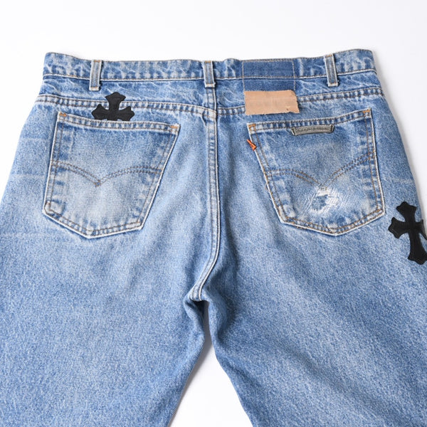 極美品 CHROME HEARTS × Levi's クロムハーツ リーバイス 517 クロスパッチ デニムパンツ インディゴブルー ブラック サイズ34 中古 4a007570