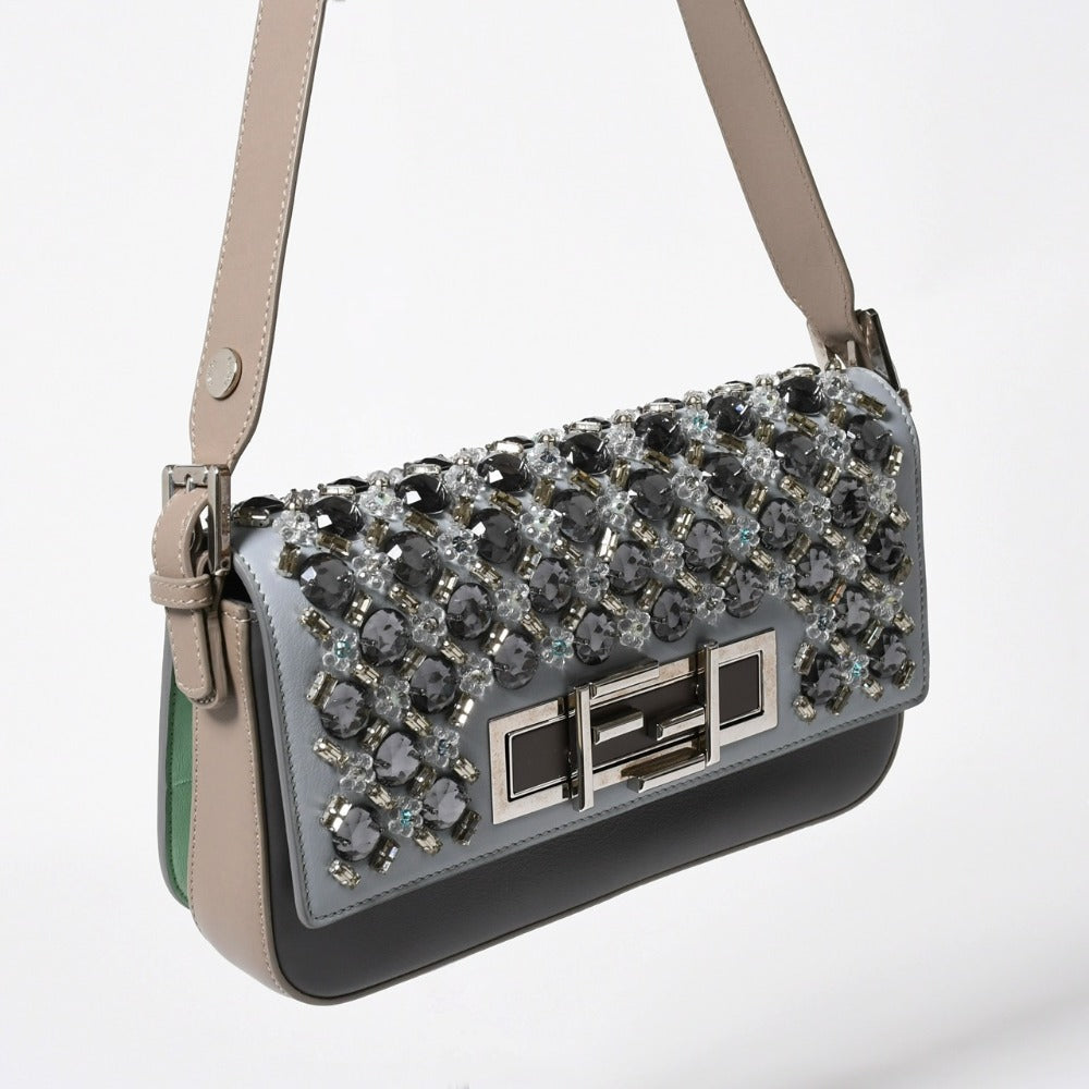 FENDI フェンディ バッグ ショルダーバッグ 3トレバケット ビジュー ラインストーン レザー 8BR720 グレー シルバー金具 美品 中古 4a006946
