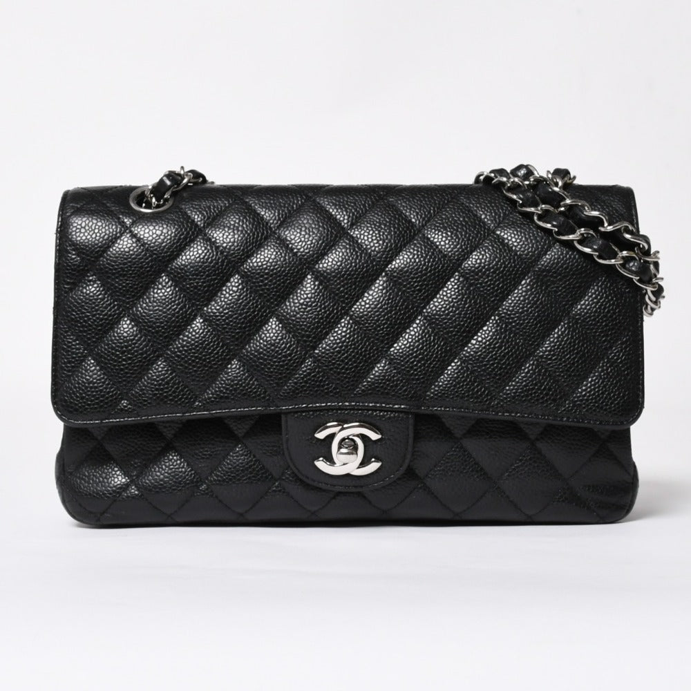 極美品 CHANEL シャネル マトラッセ25 Wフラップ Wチェーンショルダーバッグ 13番台 ココマーク キャビアスキン ブラック 中古 4a007767