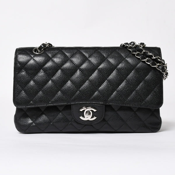 極美品 CHANEL シャネル マトラッセ25 Wフラップ Wチェーンショルダーバッグ 13番台 ココマーク キャビアスキン ブラック 中古 4a007767