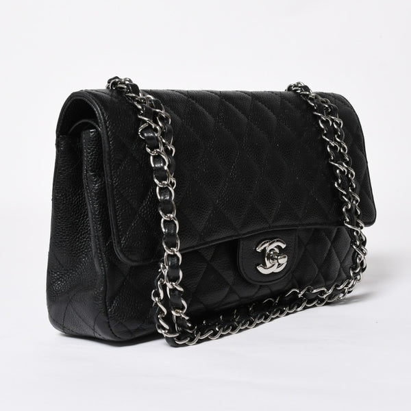 極美品 CHANEL シャネル マトラッセ25 Wフラップ Wチェーンショルダーバッグ 13番台 ココマーク キャビアスキン ブラック 中古 4a007767