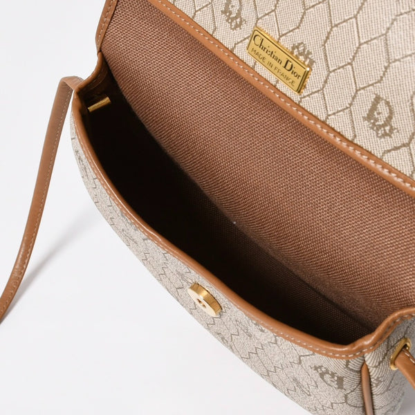 極美品 CHRISTIAN DIOR クリスチャンディオール ミニ ショルダーバッグ ロゴ フランス製 PVC レザー ベージュ ブラウン ゴールド金具 中古 4a007051