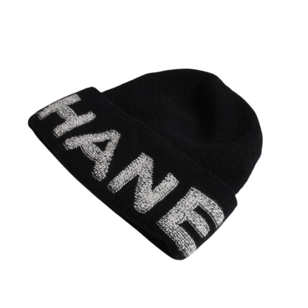 極美品 CHANEL シャネル 黒ニット帽 ニットキャップ エイサップバリ着用モデル ブラック ホワイト ウール カシミヤ 中古 4a007773
