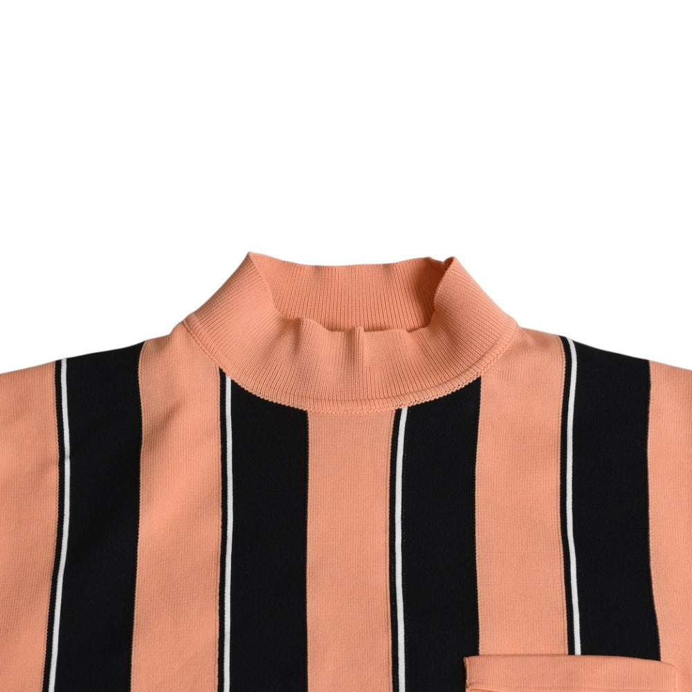 極美品 PRADA プラダ モックネック 半袖 ニットTシャツ UMR384 サイズ48 ストライプ サーモンピンク ブラック ホワイト 中古 4a007839