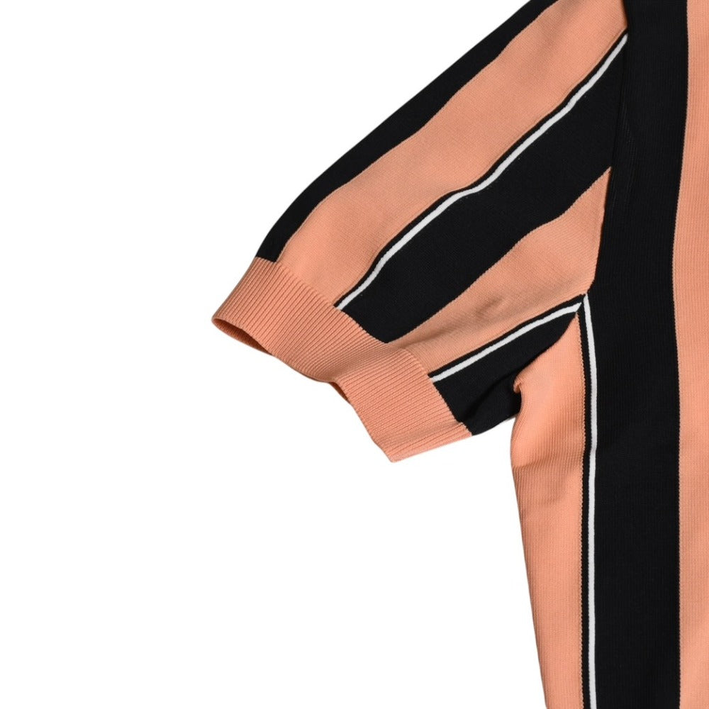 Very Good Condition PRADA Mock Neck Short Sleeve Knit T-shirt UMR384 Size 48 Striped Salmon Pink Black White Used 4a007839