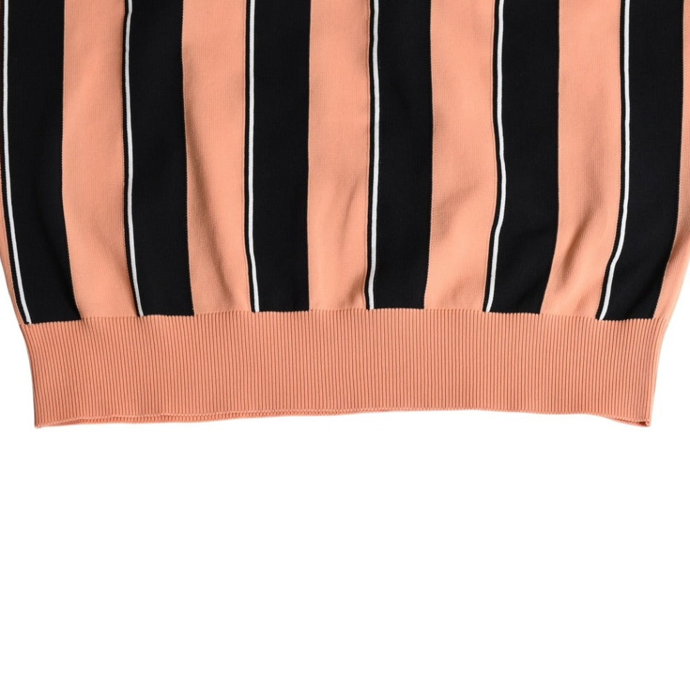 Very Good Condition PRADA Mock Neck Short Sleeve Knit T-shirt UMR384 Size 48 Striped Salmon Pink Black White Used 4a007839