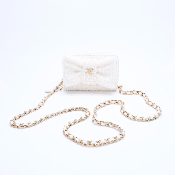 極美品 CHANEL シャネル ミニマトラッセ リボンチェーンショルダー カードケース ランダム番台 ホワイト アイボリー ゴールド金具 中古 4a007806
