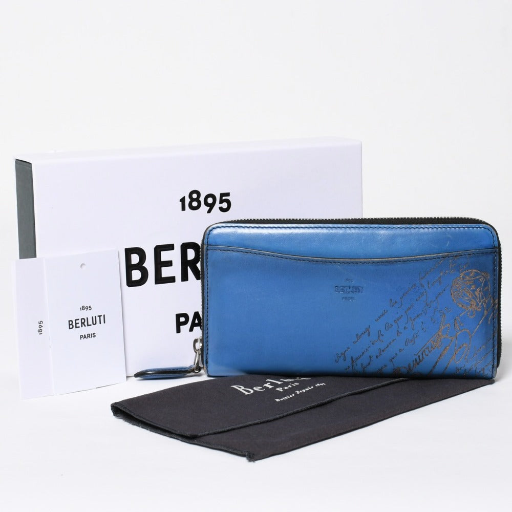 極美品 Berluti ベルルッティ カリグラフィー ランドファスナーウォレット 長財布 ブルー ヴェネチアンレザー 中古 4a007788