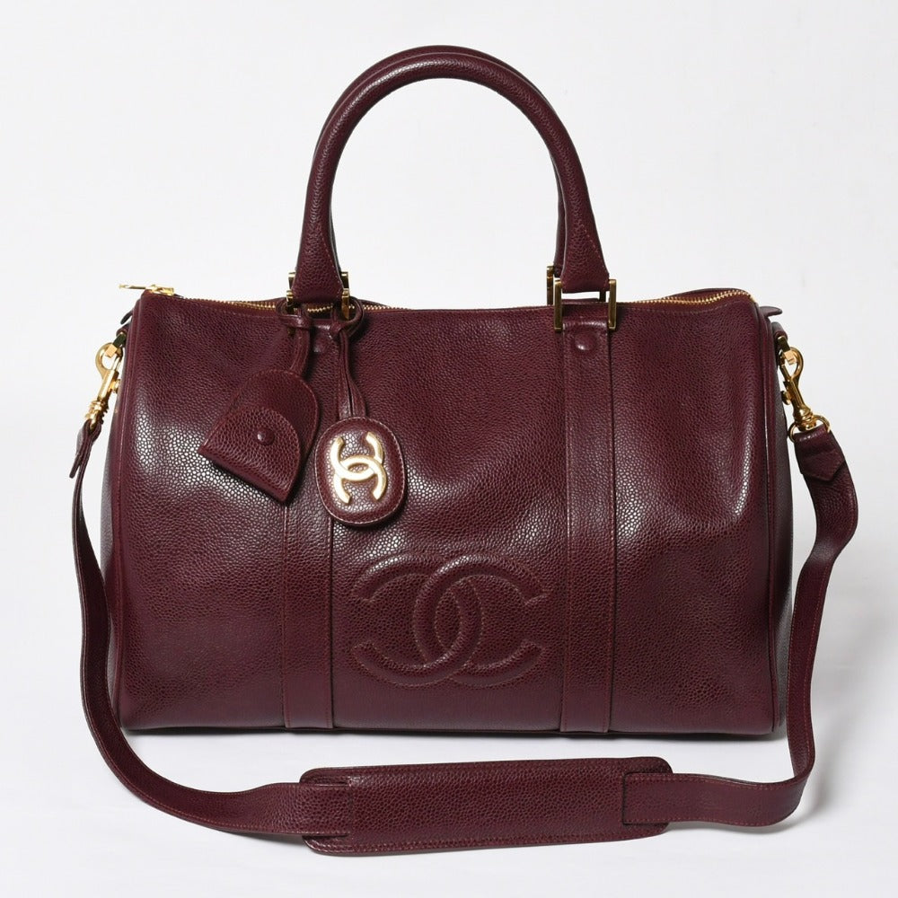 極美品 CHANEL シャネル ココマーク キャビアスキン 2WAY ボストンバッグ 3番台 ショルダーバッグ ボルドー ゴールド金具 中古 4a007797