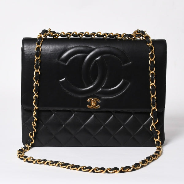 極美品 CHANEL シャネル Sフラップ Wチェーンショルダーバッグ 2番台 ココマーク ラムスキン ブラック ゴールド金具 中古 4a007796