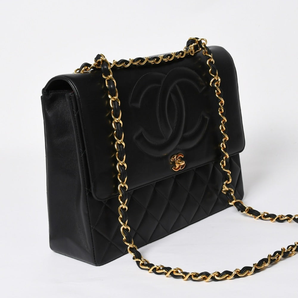極美品 CHANEL シャネル Sフラップ Wチェーンショルダーバッグ 2番台 ココマーク ラムスキン ブラック ゴールド金具 中古 4a007796
