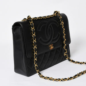 極美品 CHANEL シャネル Sフラップ Wチェーンショルダーバッグ 2番台 ココマーク ラムスキン ブラック ゴールド金具 中古 4a007796