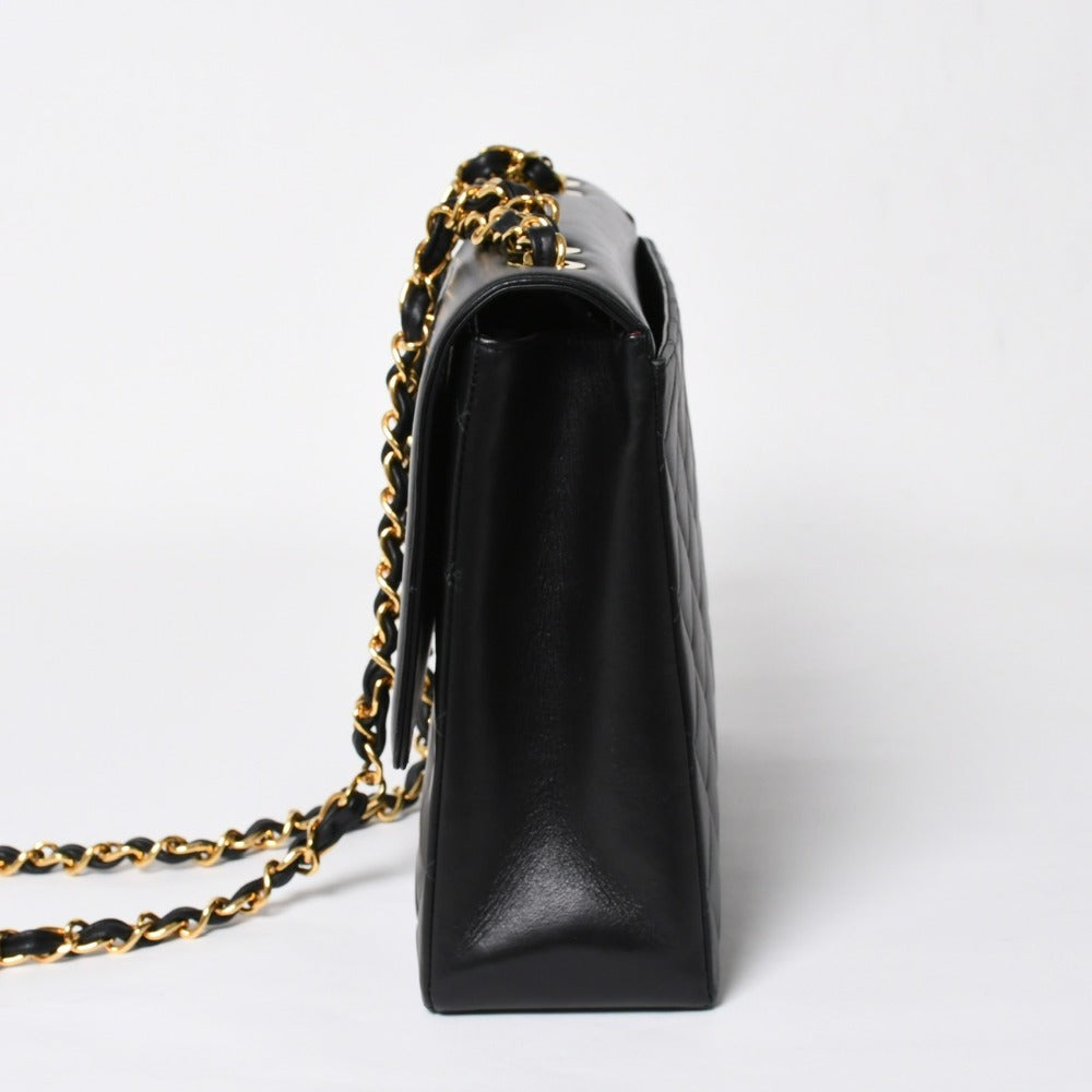 極美品 CHANEL シャネル Sフラップ Wチェーンショルダーバッグ 2番台 ココマーク ラムスキン ブラック ゴールド金具 中古 4a007796
