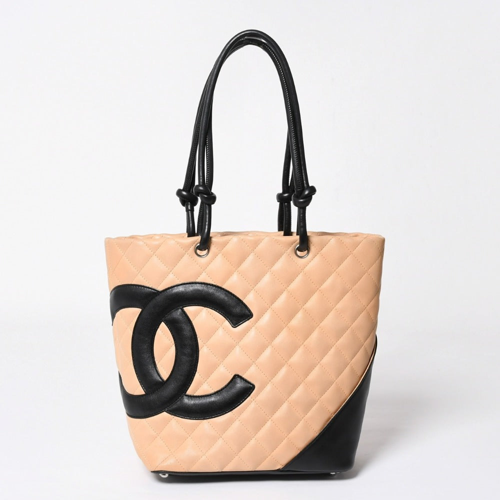 極美品 CHANEL シャネル CANBON カンボンライン スモール トートバッグ A25166 9番台 ココマーク カーフスキン ベージュ 中古 4a007781