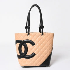 極美品 CHANEL シャネル CANBON カンボンライン スモール トートバッグ A25166 9番台 ココマーク カーフスキン ベージュ 中古 4a007781