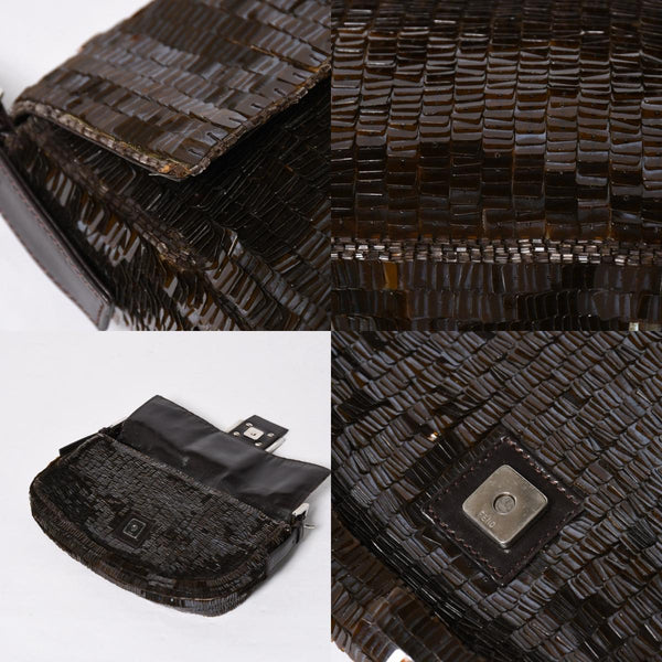 極美品 FENDI フェンディ マンマバケット ワンショルダーバッグ 26424 スパンコール レザー ブラウン シルバー金具 中古 4a007800