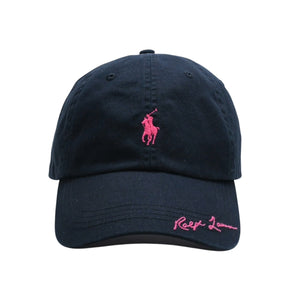 極美品 RALPH LAUREN ラルフローレン PINKPONY ピンクポニー ツイル ボール キャップ コットン ブラック ピンク 中古 4a007816