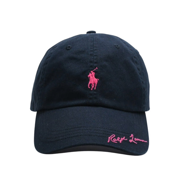 極美品 RALPH LAUREN ラルフローレン PINKPONY ピンクポニー ツイル ボール キャップ コットン ブラック ピンク 中古 4a007816