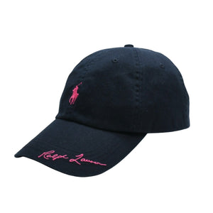 極美品 RALPH LAUREN ラルフローレン PINKPONY ピンクポニー ツイル ボール キャップ コットン ブラック ピンク 中古 4a007816
