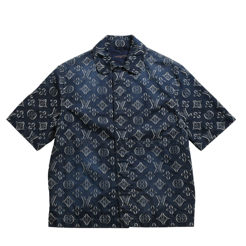 極美品 LOUIS VUITTON ルイヴィトン モノグラム ショートスリーブ シャンブレーシャツ HPS73W XLサイズ インディゴ シルバー金具 中古 4a007214