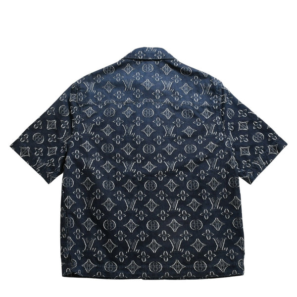 極美品 LOUIS VUITTON ルイヴィトン モノグラム ショートスリーブ シャンブレーシャツ HPS73W XLサイズ インディゴ シルバー金具 中古 4a007214