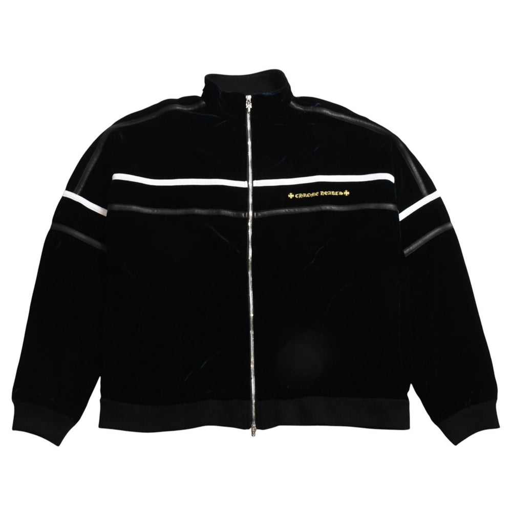 極美品 CHROME HEARTS クロムハーツ Y NOT ベロアトラックジャケット XLサイズ ネイビー ゴールド ホワイト グレー ダガー クロスボール シルバー金具 中古 4a007898
