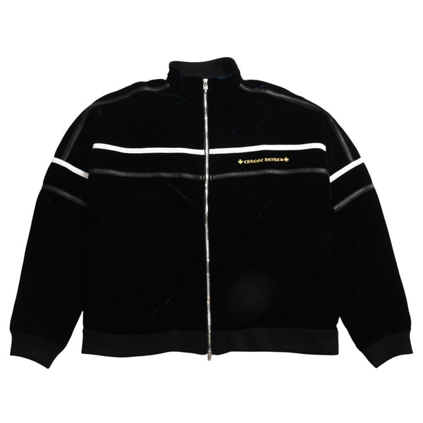 極美品 CHROME HEARTS クロムハーツ Y NOT ベロアトラックジャケット XLサイズ ネイビー ゴールド ホワイト グレー ダガー クロスボール シルバー金具 中古 4a007898