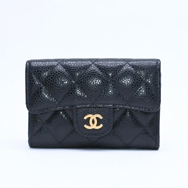 極美品 CHANEL シャネル マトラッセ ココマーク カードケース 財布 30番台 フランス製 ラムスキン ブラック ゴールド金具 中古 4a007785