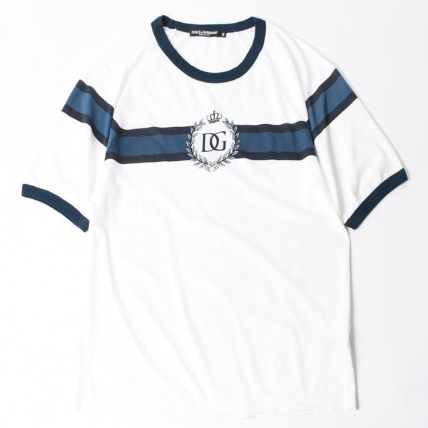 極美品 DOLCE＆GABBANA ドルチェアンドガッバーナ DGロゴリンガーTシャツ G8LW4T コットン ホワイト ネイビー サイズ48 中古 4a007820