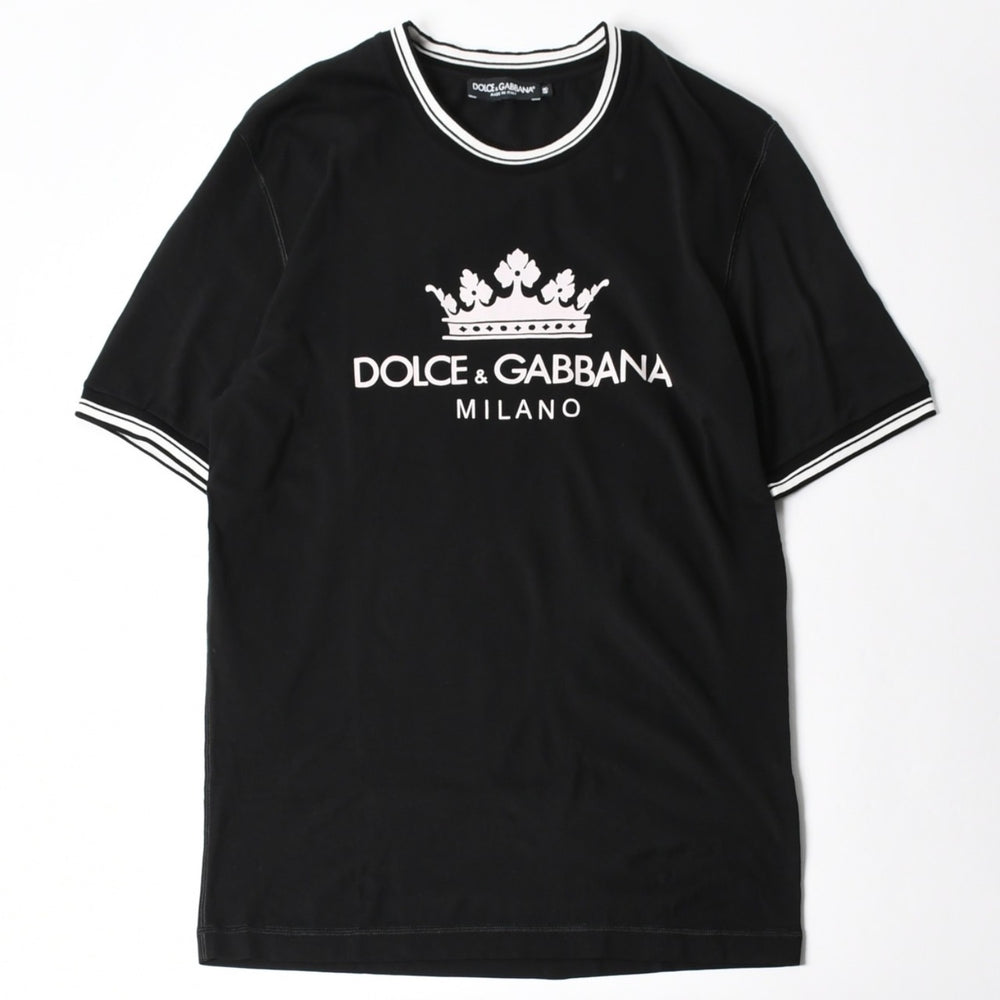 極美品 DOLCE&GABBANA ドルチェアンドガッバーナ クラウン ロゴリンガーTシャツ 王冠 48サイズ ブラック ストライプリブ 中古 4a007818