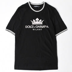 極美品 DOLCE&GABBANA ドルチェアンドガッバーナ クラウン ロゴリンガーTシャツ 王冠 48サイズ ブラック ストライプリブ 中古 4a007818