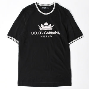 極美品 DOLCE&GABBANA ドルチェアンドガッバーナ クラウン ロゴリンガーTシャツ 王冠 48サイズ ブラック ストライプリブ 中古 4a007818