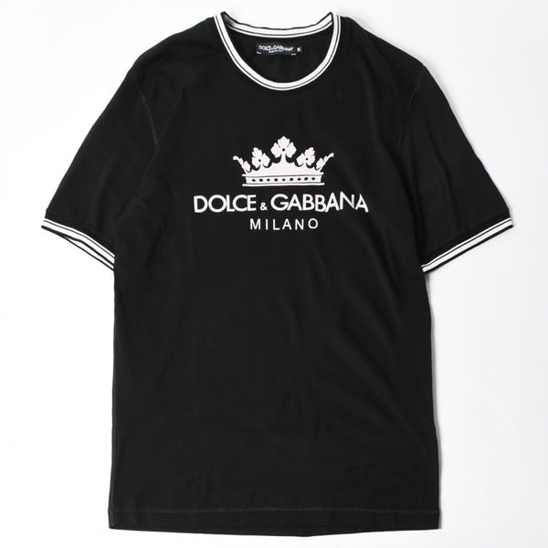 極美品 DOLCE&GABBANA ドルチェアンドガッバーナ クラウン ロゴリンガーTシャツ 王冠 48サイズ ブラック ストライプリブ 中古 4a007818
