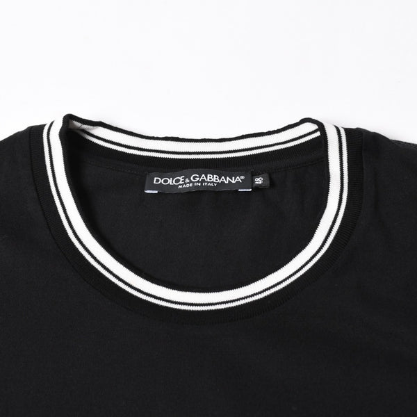 極美品 DOLCE&GABBANA ドルチェアンドガッバーナ クラウン ロゴリンガーTシャツ 王冠 48サイズ ブラック ストライプリブ 中古 4a007818