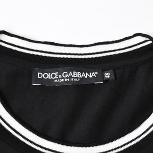 極美品 DOLCE&GABBANA ドルチェアンドガッバーナ クラウン ロゴリンガーTシャツ 王冠 48サイズ ブラック ストライプリブ 中古 4a007818