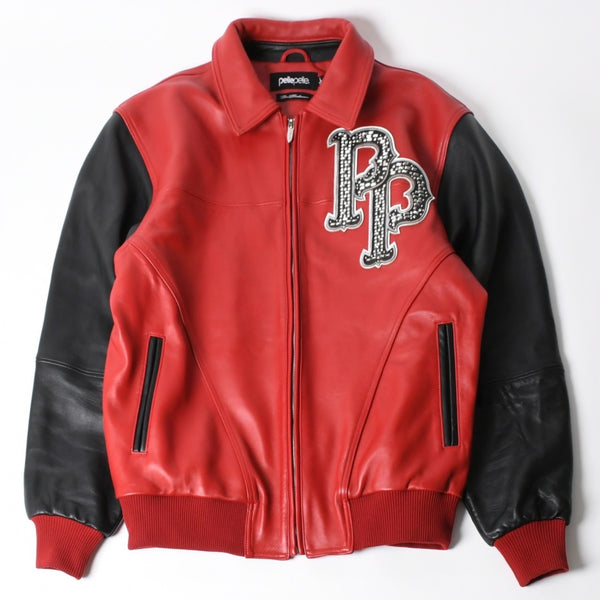 極美品 pellepelle ペレペレ legend leather jacketレジェンド レザージャケット サイズL スタッズ ラインストーン レッド ブラック 中古 4a008291