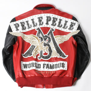 極美品 pellepelle ペレペレ legend leather jacketレジェンド レザージャケット サイズL スタッズ ラインストーン レッド ブラック 中古 4a008291